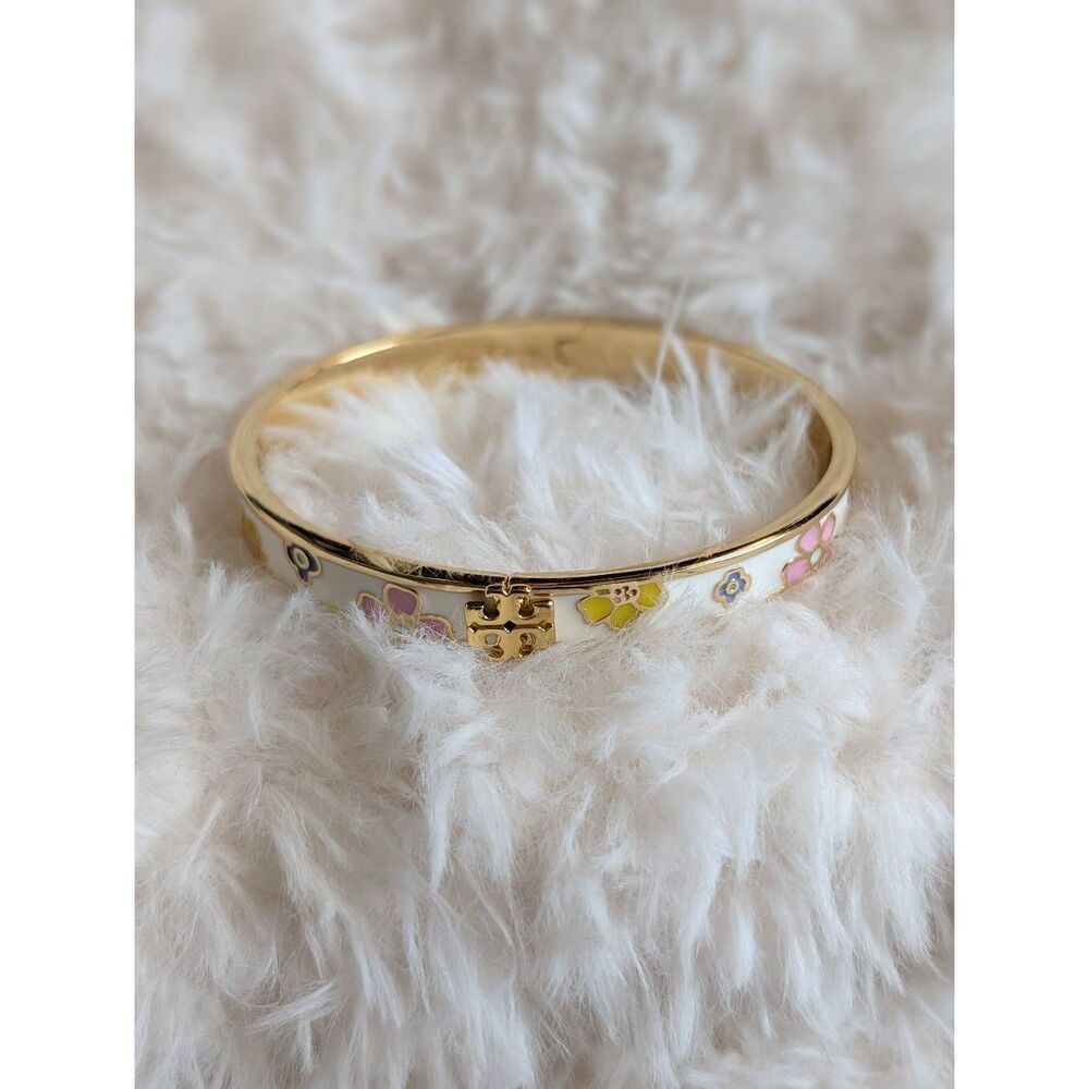 TORY BURCH Kira Flower Enamel Double T Logo Gold Bangle Bracelet - Picture 4 of 7